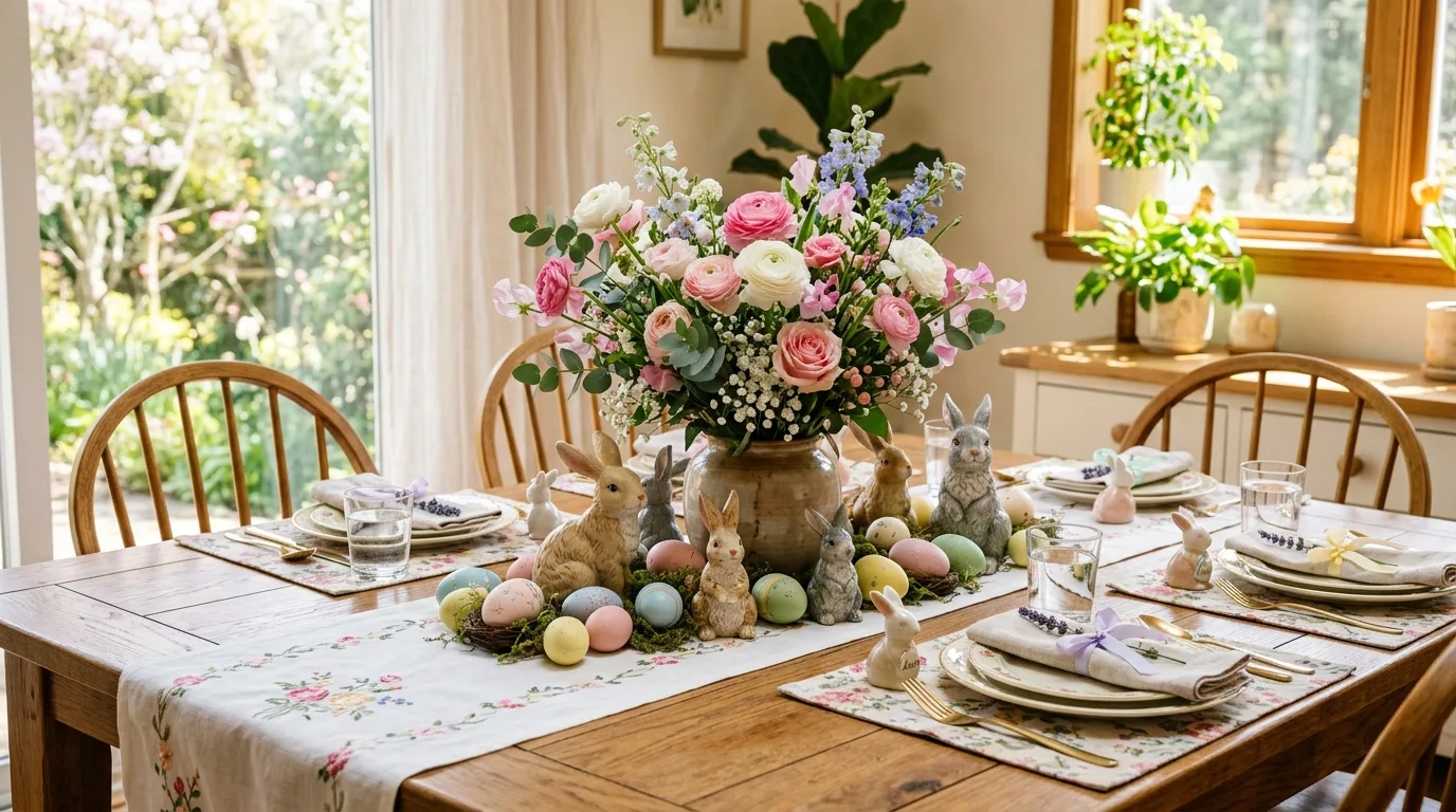 Dining table with bunny figurines and Easter decor
